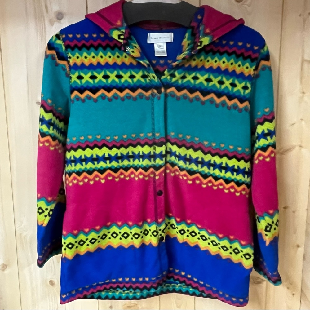 Susan Bristol Aztec Fleece Hooded Multicolor Geometric Aztec Woman’s Medium Y2K